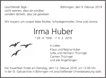 Traueranzeige von Irma Huber von Alb-Bote/Metzinger-Uracher Volksblatt