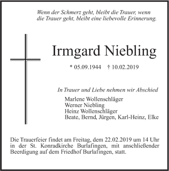 Traueranzeige von Irmgard Niebling von SÜDWEST PRESSE Ausgabe Ulm/Neu-Ulm