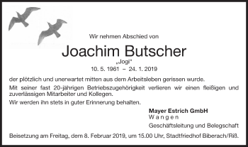 Traueranzeige von Joachim Butscher von NWZ Neue Württembergische Zeitung