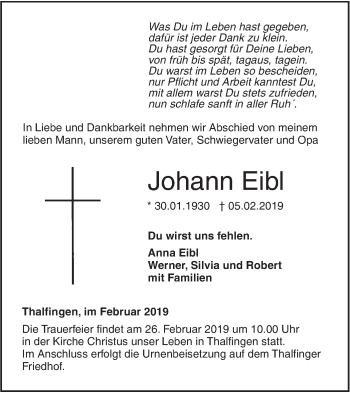 Traueranzeige von Johann Eibl von SÜDWEST PRESSE Ausgabe Ulm/Neu-Ulm