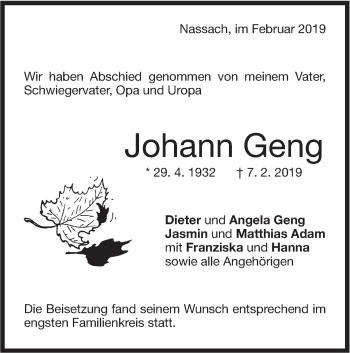 Traueranzeige von Johann Geng von NWZ Neue Württembergische Zeitung