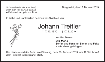 Traueranzeige von Johann Treitler von NWZ Neue Württembergische Zeitung