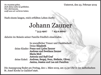 Traueranzeige von Johann Zaune von Rundschau Gaildorf