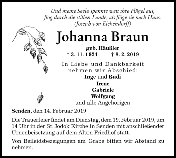 Traueranzeige von Johanna Braun von SÜDWEST PRESSE Ausgabe Ulm/Neu-Ulm