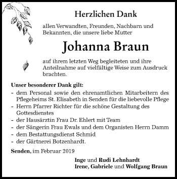 Traueranzeige von Johanna Braun von SÜDWEST PRESSE Ausgabe Ulm/Neu-Ulm