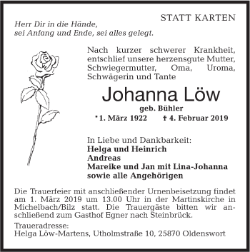 Traueranzeige von Johanna Löw von Haller Tagblatt