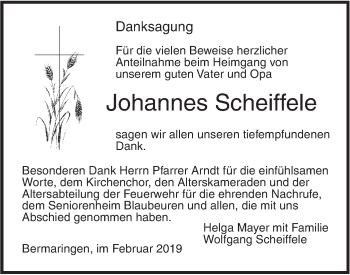 Traueranzeige von Johannes Scheiffele von SÜDWEST PRESSE Ausgabe Ulm/Neu-Ulm