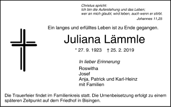 Traueranzeige von Juliana Lämmle von Hohenzollerische Zeitung