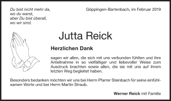 Traueranzeige von Jutta Reick von NWZ Neue Württembergische Zeitung