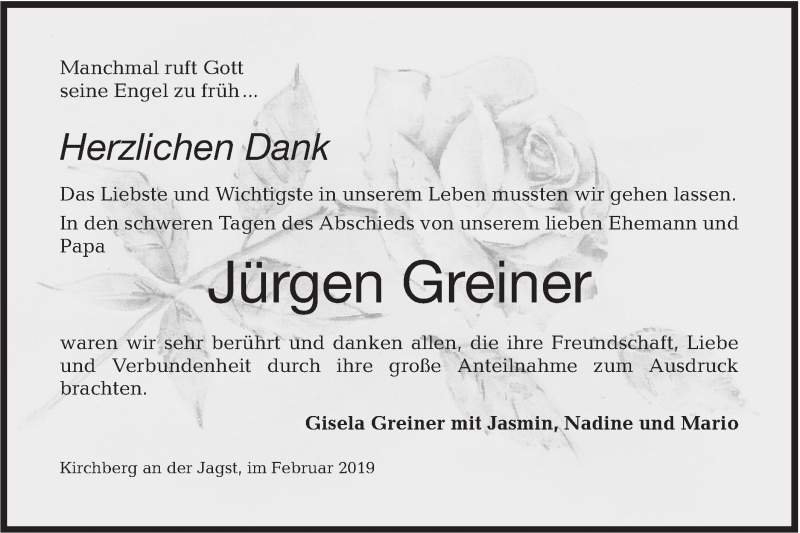  Traueranzeige für Jürgen Greiner vom 16.02.2019 aus Hohenloher Tagblatt