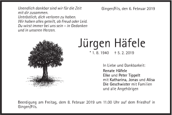 Traueranzeige von Jürgen Häfele von Geislinger Zeitung