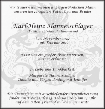 Traueranzeige von Karl-Heinz Hannesschläger von SÜDWEST PRESSE Ausgabe Ulm/Neu-Ulm