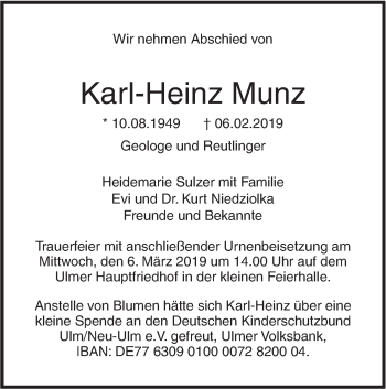 Traueranzeige von Karl-Heinz Munz von SÜDWEST PRESSE Ausgabe Ulm/Neu-Ulm