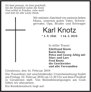 Traueranzeige von Karl Knotz von Hohenloher Tagblatt