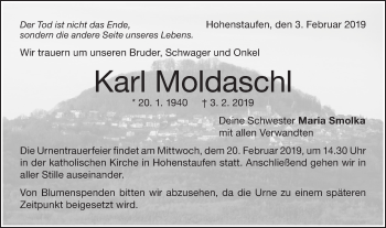 Traueranzeige von Karl Moldaschl von NWZ Neue Württembergische Zeitung