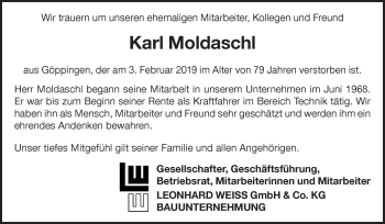 Traueranzeige von Karl Moldaschl von NWZ Neue Württembergische Zeitung