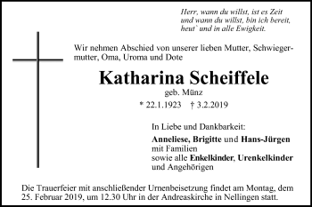 Traueranzeige von Katharina Scheiffele von SÜDWEST PRESSE Ausgabe Ulm/Neu-Ulm