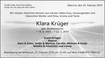 Traueranzeige von Klara Krüger von Rundschau Gaildorf