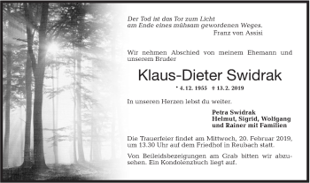 Traueranzeige von Klaus-Dieter Swidrak von Hohenloher Tagblatt