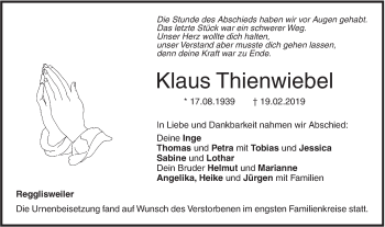 Traueranzeige von Klaus Thienwiebel von Illertal Bote