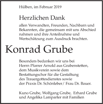 Traueranzeige von Konrad Grube von Alb-Bote/Metzinger-Uracher Volksblatt