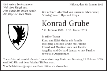 Traueranzeige von Konrad Grube von Alb-Bote/Metzinger-Uracher Volksblatt