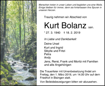 Traueranzeige von Kurt Bolanz sen.  von Hohenzollerische Zeitung