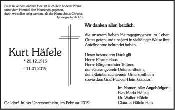 Traueranzeige von Kurt Häfele von Haller Tagblatt