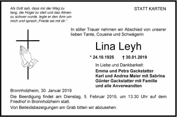 Traueranzeige von Lina Leyh von Hohenloher Tagblatt