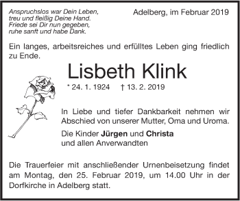 Traueranzeige von Lisbeth Klink von NWZ Neue Württembergische Zeitung