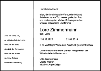 Traueranzeige von Lore Zimmermann von NWZ Neue Württembergische Zeitung