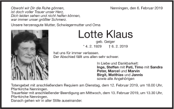 Traueranzeige von Lotte Klaus von NWZ Neue Württembergische Zeitung