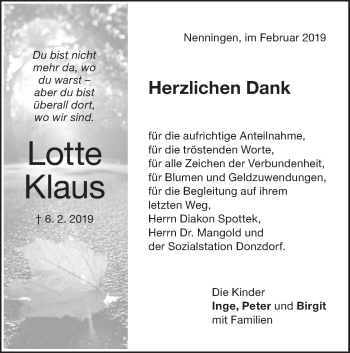 Traueranzeige von Lotte Klaus von NWZ Neue Württembergische Zeitung