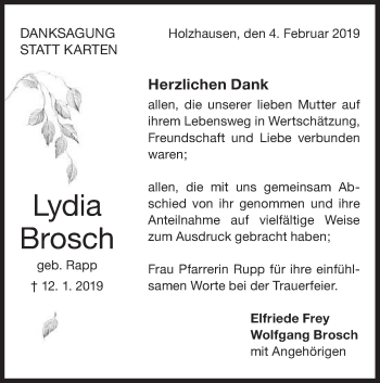 Traueranzeige von Lydia Brosch von NWZ Neue Württembergische Zeitung