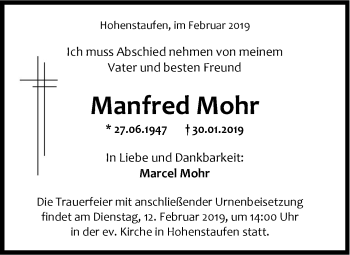 Traueranzeige von Manfred Mohr von NWZ Neue Württembergische Zeitung