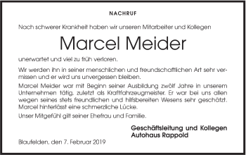 Traueranzeige von Marcel Meider von Hohenloher Tagblatt