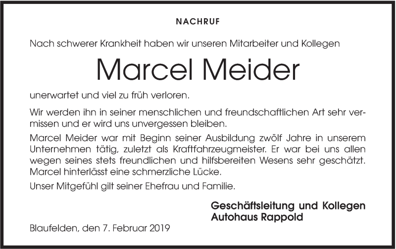  Traueranzeige für Marcel Meider vom 07.02.2019 aus Hohenloher Tagblatt