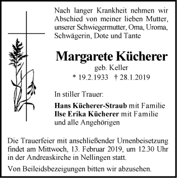 Traueranzeige von Margarete Kücherer von SÜDWEST PRESSE Ausgabe Ulm/Neu-Ulm