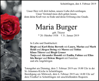 Traueranzeige von Maria Burger von Geislinger Zeitung