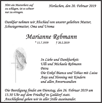 Traueranzeige von Marianne Rebmann von Rundschau Gaildorf