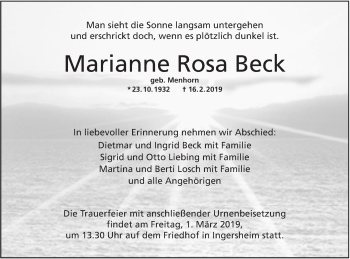 Traueranzeige von Marianne Rosa Beck von Hohenloher Tagblatt