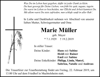 Traueranzeige von Marie Müller von SÜDWEST PRESSE Ausgabe Ulm/Neu-Ulm