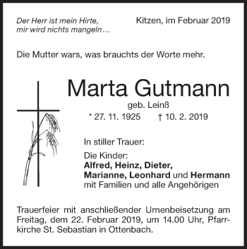 Traueranzeige von Marta Gutmann von NWZ Neue Württembergische Zeitung