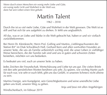 Traueranzeige von Martin Talent von Haller Tagblatt