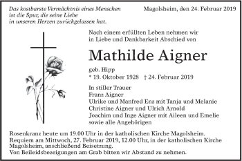 Traueranzeige von Mathilde Aigner von Alb-Bote/Metzinger-Uracher Volksblatt