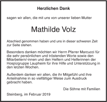 Traueranzeige von Mathilde Volz von SÜDWEST PRESSE Ausgabe Ulm/Neu-Ulm