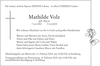 Traueranzeige von Mathilde Volz von SÜDWEST PRESSE Ausgabe Ulm/Neu-Ulm