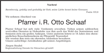 Traueranzeige von Otto Schaaf von Haller Tagblatt