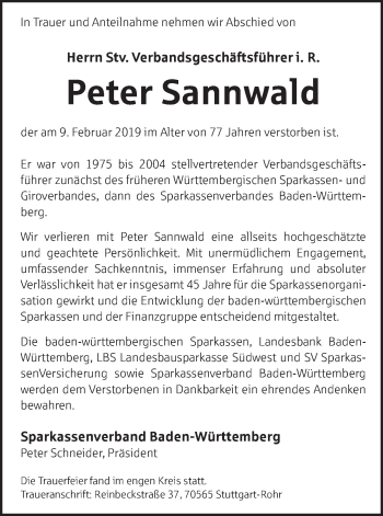 Traueranzeige von Peter Sannwald von SÜDWEST PRESSE