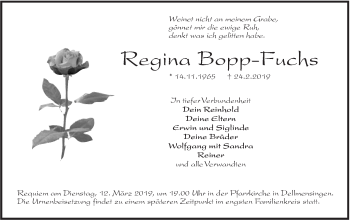 Traueranzeige von Regina Bopp-Fuchs von SÜDWEST PRESSE Ausgabe Ulm/Neu-Ulm